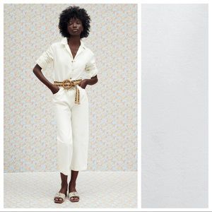 Zara White Denim Long Jumpsuit coveralls. Size M.